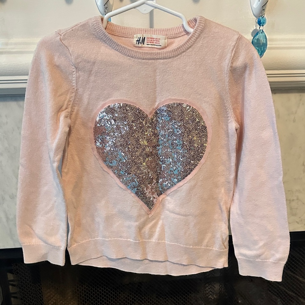 H&M Pink Girls Sweater with Silver Reversible Sequin Heart